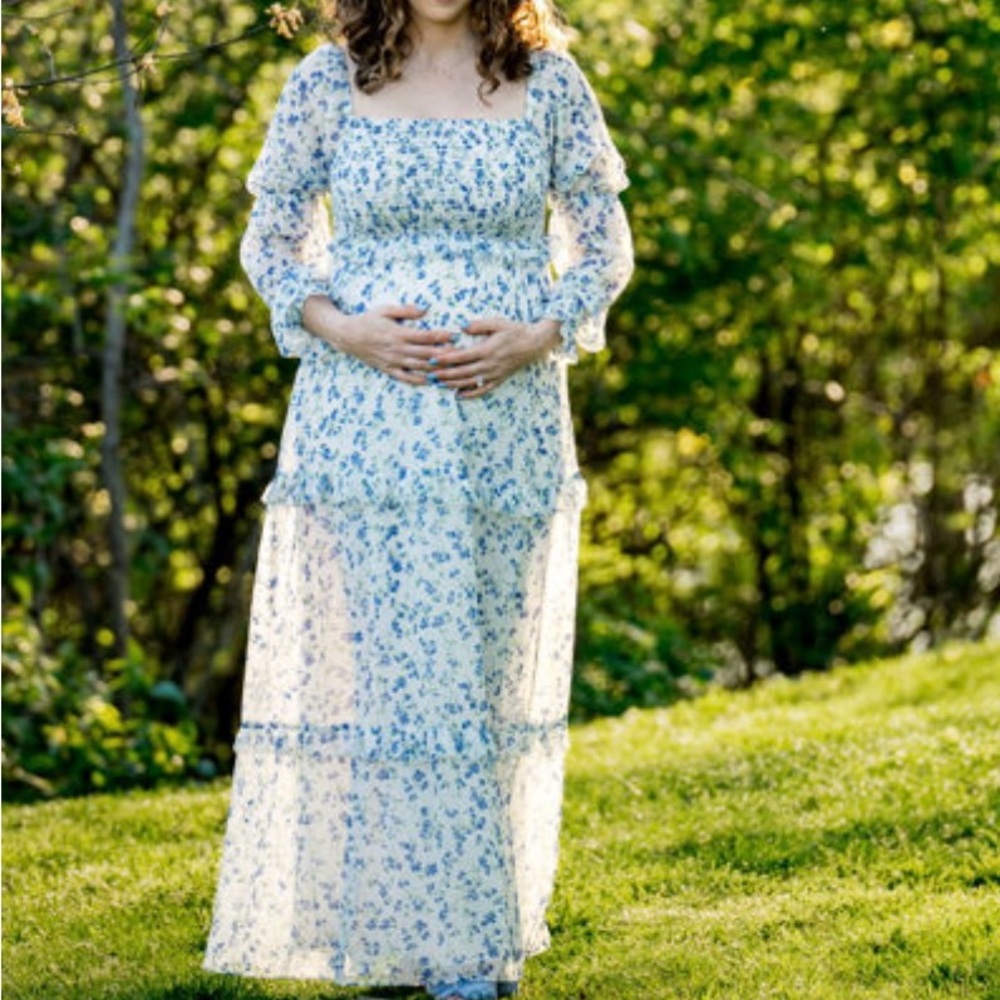 Maternity Floral Blue and White Maxi Dress